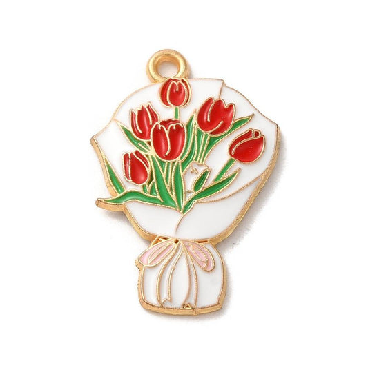 Gold tone bouquet red flowers charms for necklaces, bracelets and keyrings