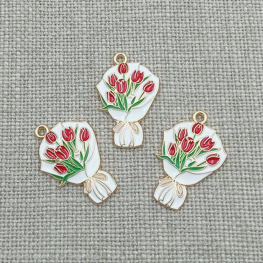 Gold tone bouquet red flowers charms (8 pack) for jewellery making and craft projects