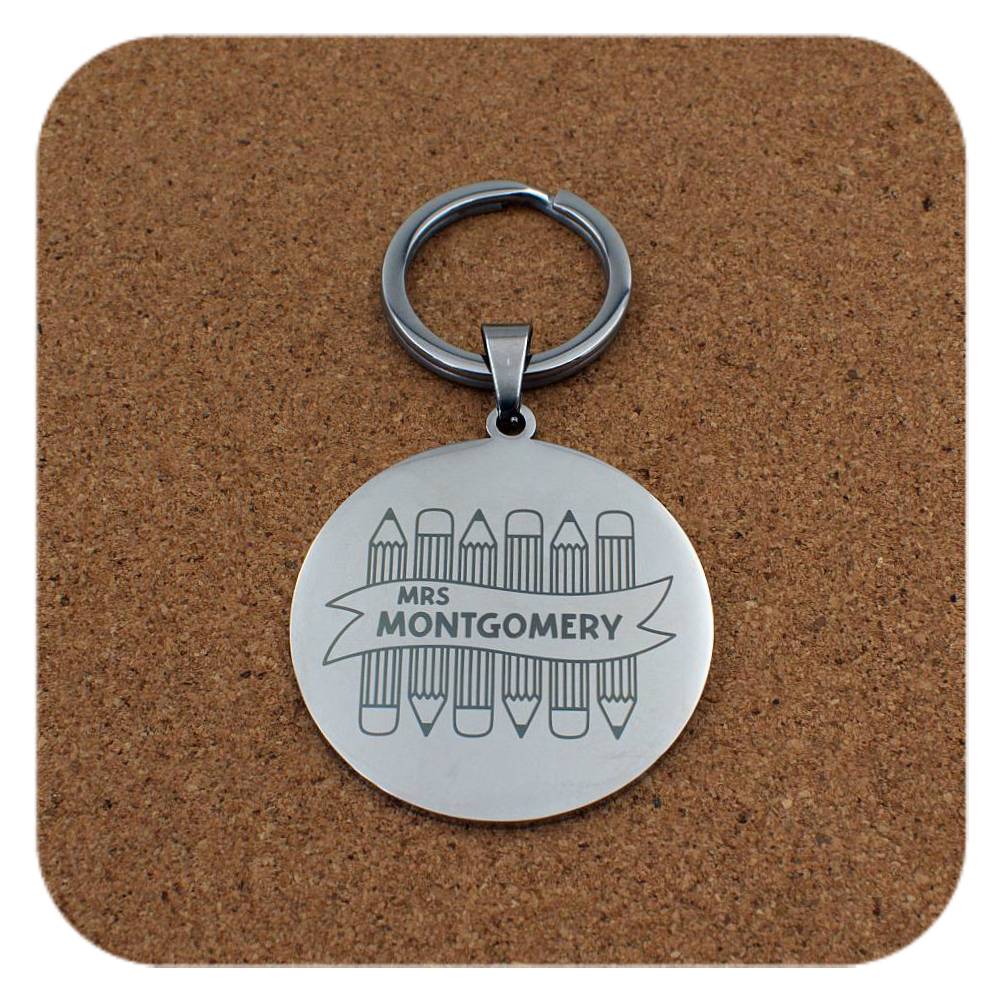 Personalised engraving front example two for Crayons With Teachers Name keyring