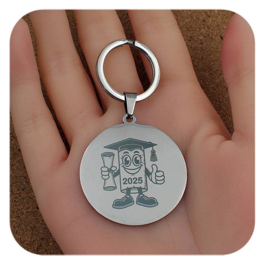 Silver keyring with Novelty Graduation Diploma 2025 design held in a hand