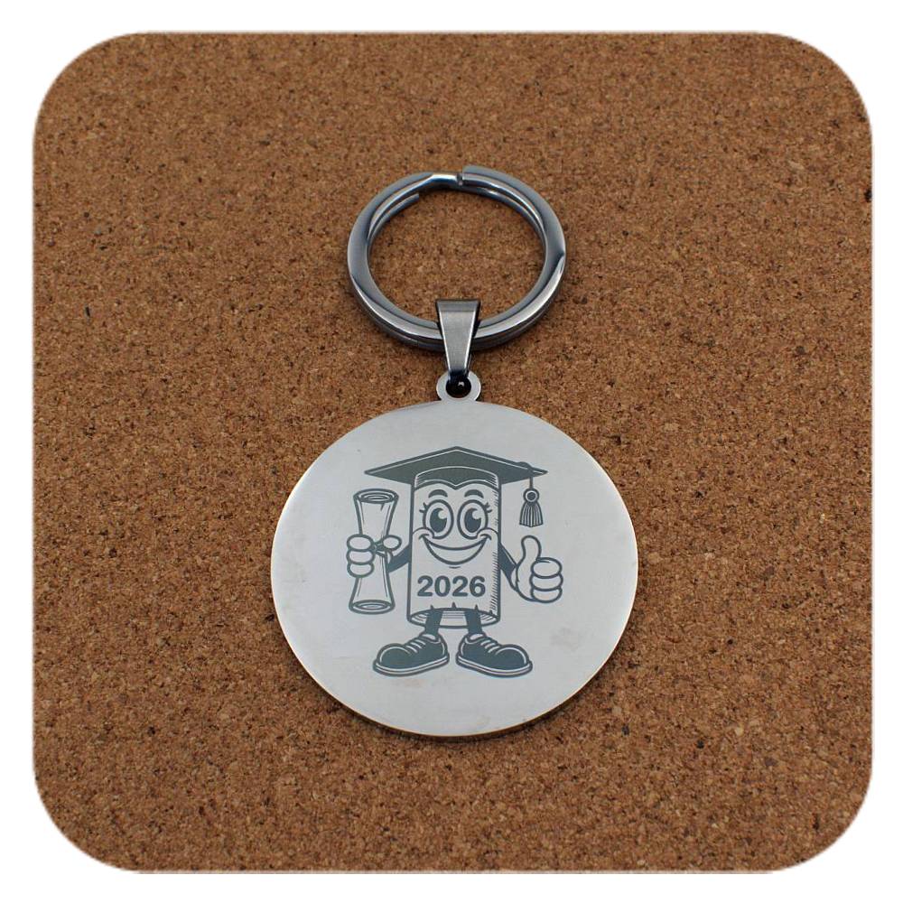 Silver keyring with Novelty Graduation Diploma design on cork background