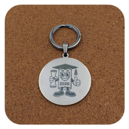 Silver keyring with Novelty Graduation Diploma design on cork background
