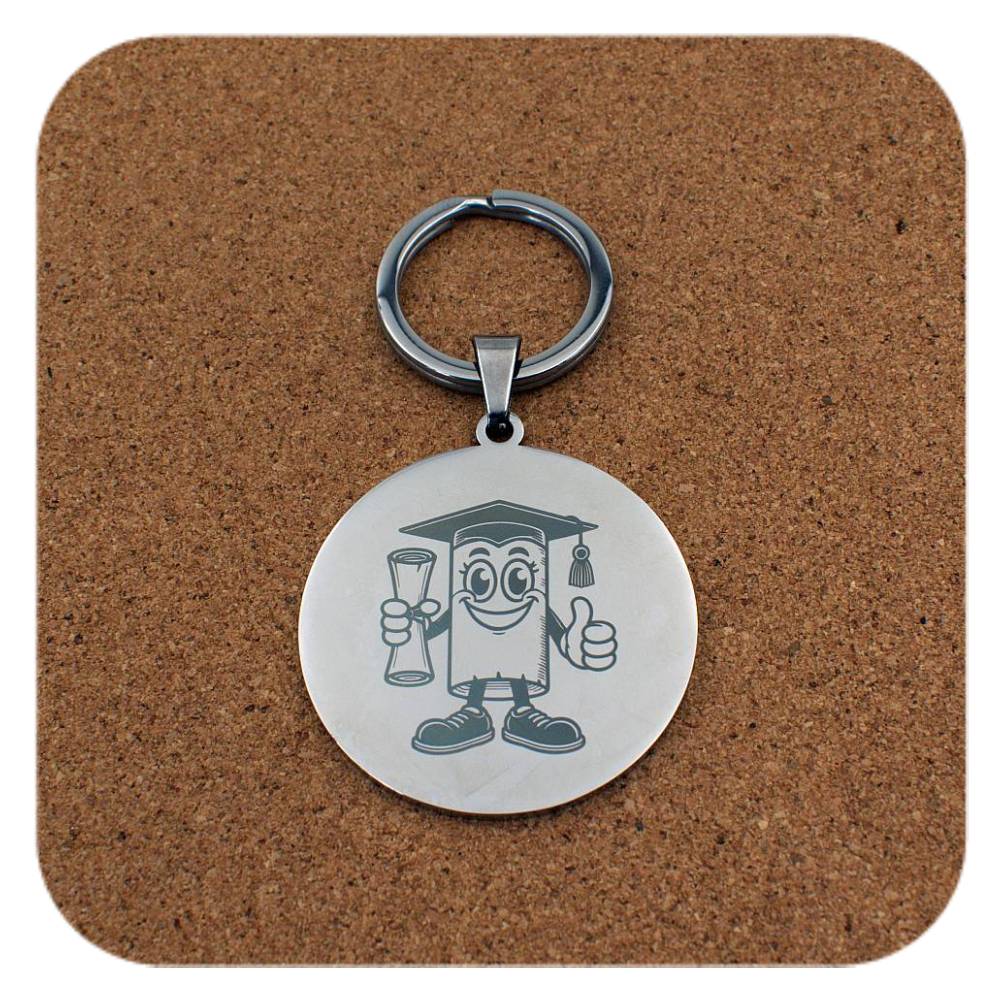 Silver keyring with Novelty Graduation Diploma design on cork background