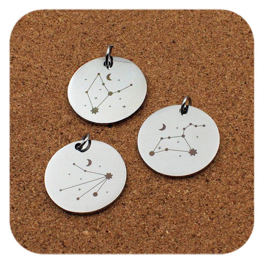 Engraved Zodiac stainless steel pendant - 12 Celestial Star Signs