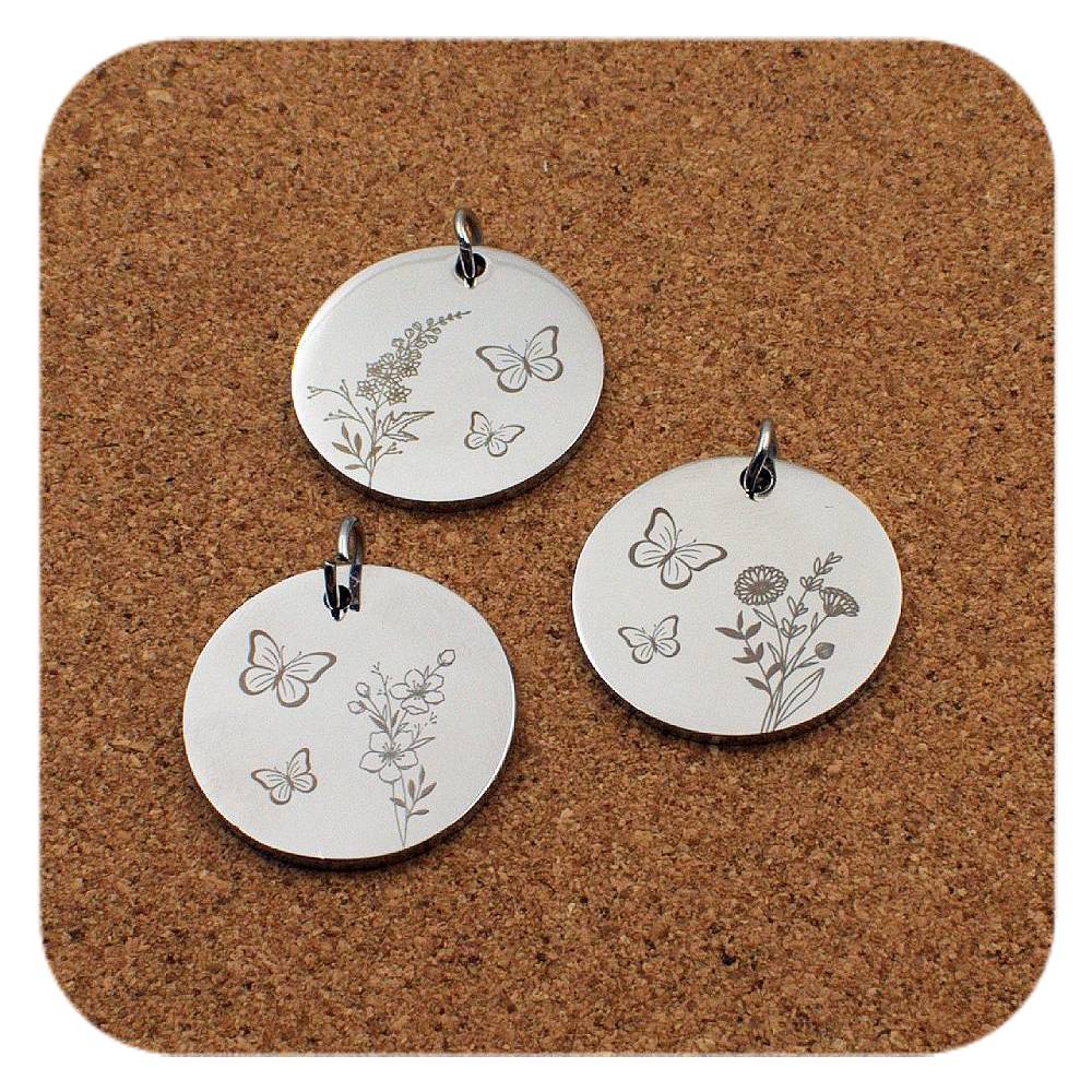 Engraved Birth Flower stainless steel pendant - with Butterfly design