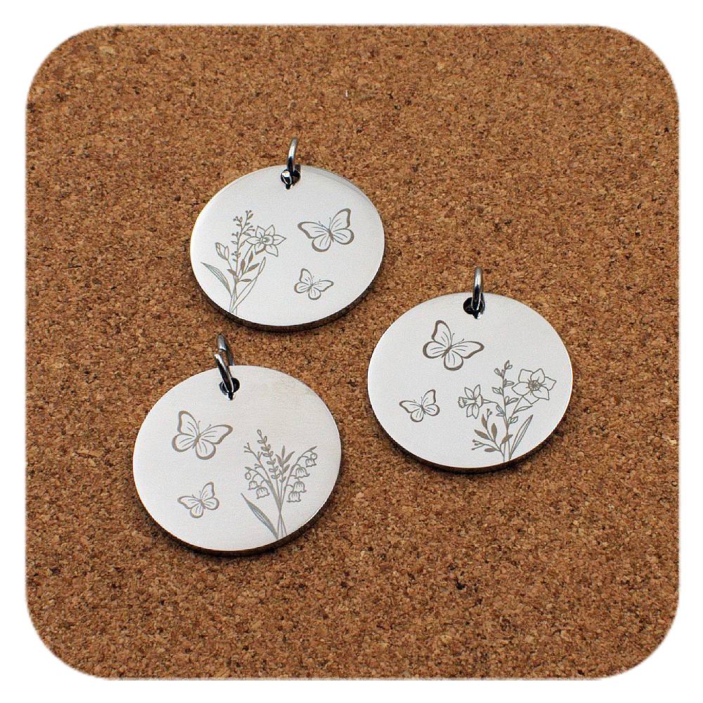 Engraved Birth Flower stainless steel pendant design options - with Butterfly design