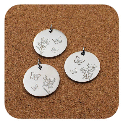 Engraved Birth Flower stainless steel pendant design options - with Butterfly design