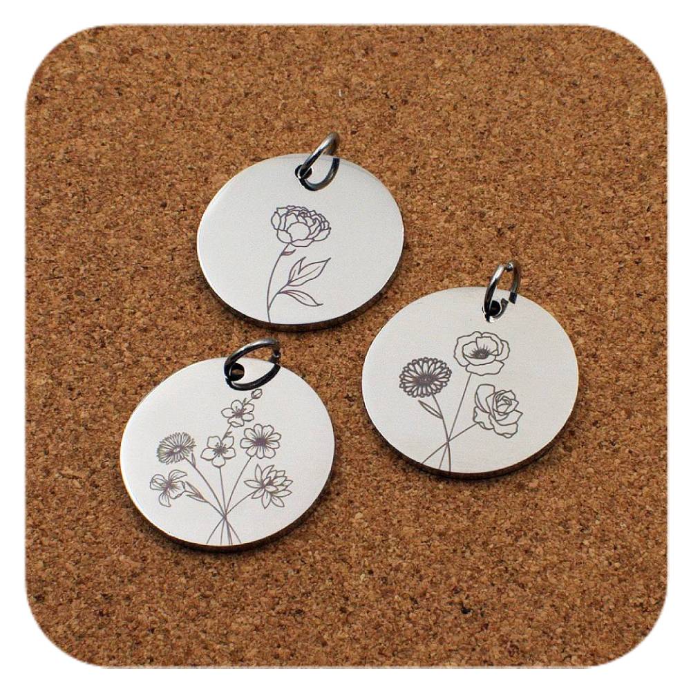 Engraved Birth Flower stainless steel pendant – with 24 flower choices