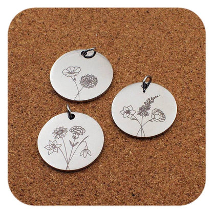 Engraved Birth Flower stainless steel pendant design options - with 24 flower choices