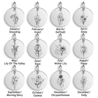 Silver pendants with different Geometric Birth Flower designs on a white background