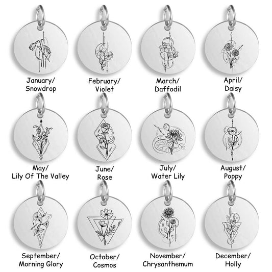 Silver pendants with different Geometric Birth Flower designs on a white background