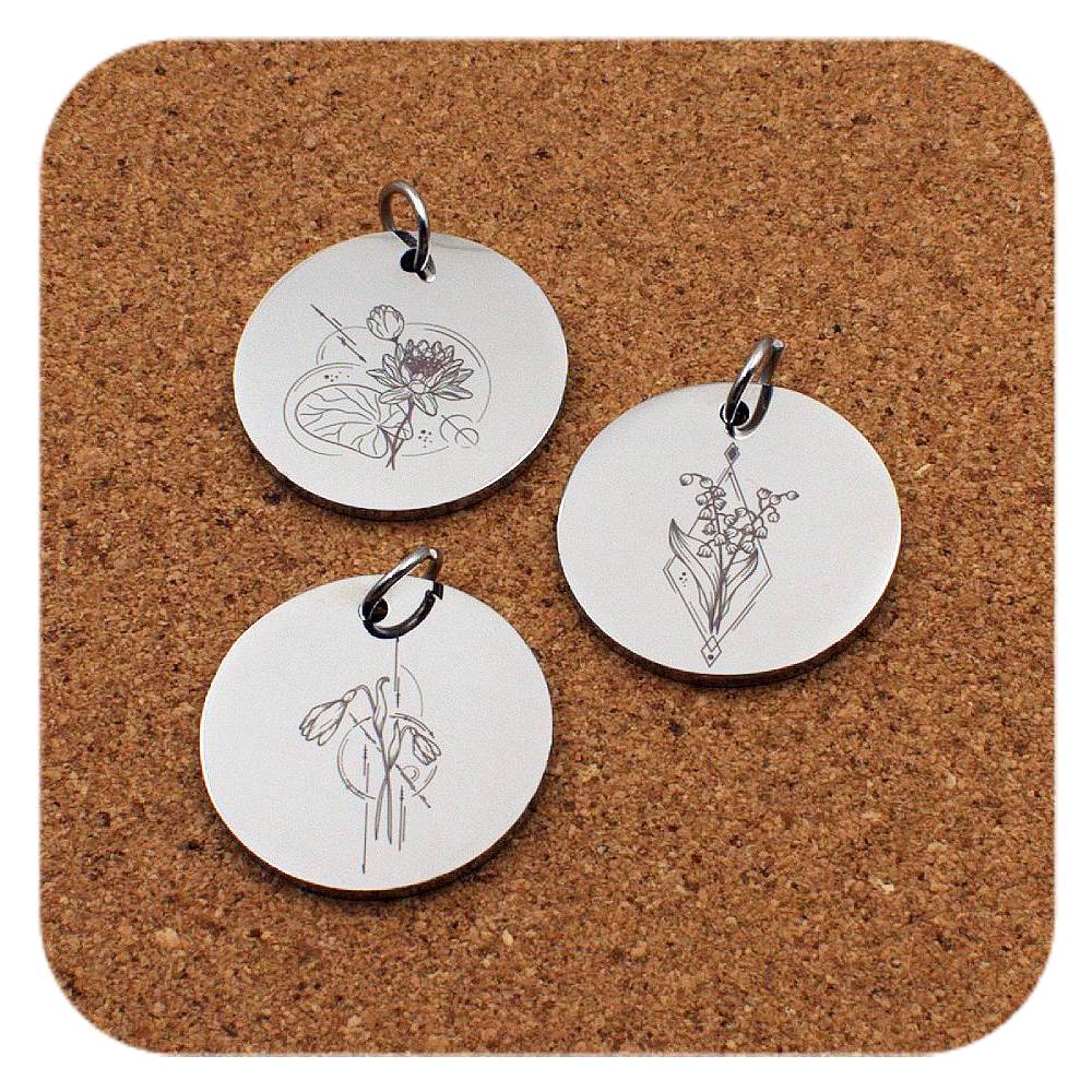 Engraved Birth Flower stainless steel pendant - geometric designs - all 12 signs available