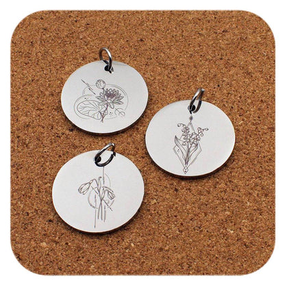 Engraved Birth Flower stainless steel pendant - geometric designs - all 12 signs available