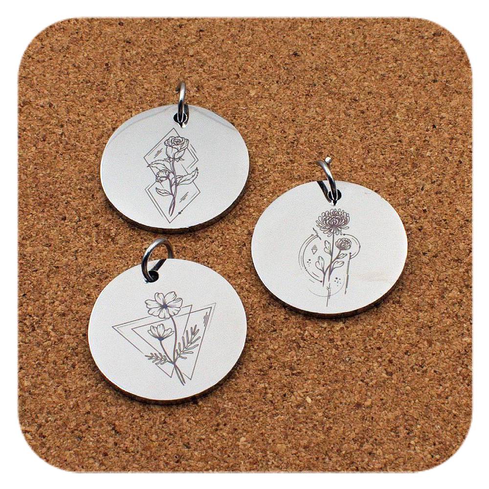 Engraved Birth Flower stainless steel pendant design options - geometric designs - all 12 signs available