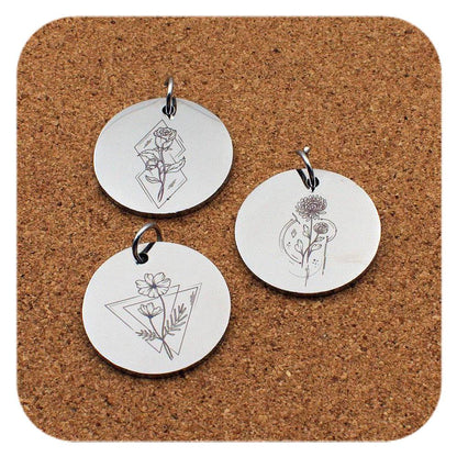 Engraved Birth Flower stainless steel pendant design options - geometric designs - all 12 signs available