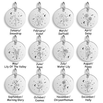 Silver pendants with different Celestial Birth Flower designs on a white background