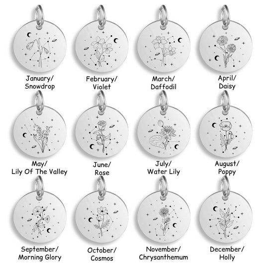 Silver pendants with different Celestial Birth Flower designs on a white background