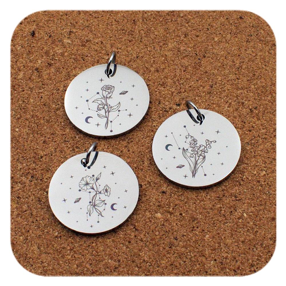 Engraved Birth Flower stainless steel pendant design options - celestial designs - all 12 signs available
