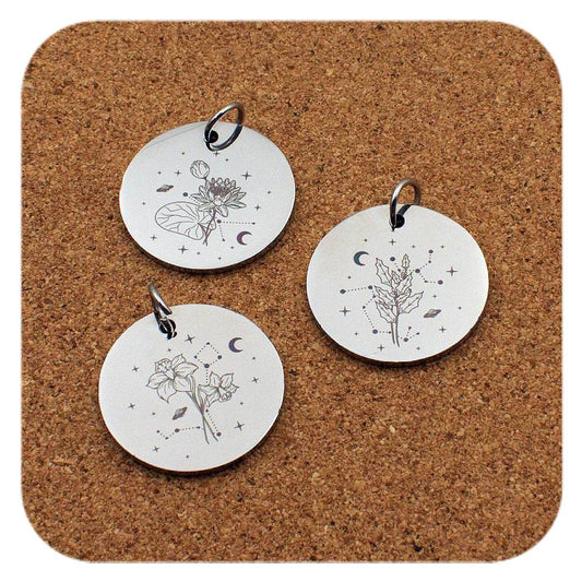 Engraved Birth Flower stainless steel pendant - celestial designs - all 12 signs available