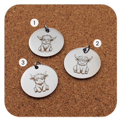 Engraved Highland Cow stainless steel pendant design options in three cute designs