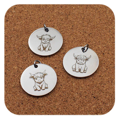 Engraved Highland Cow stainless steel pendant in three cute designs