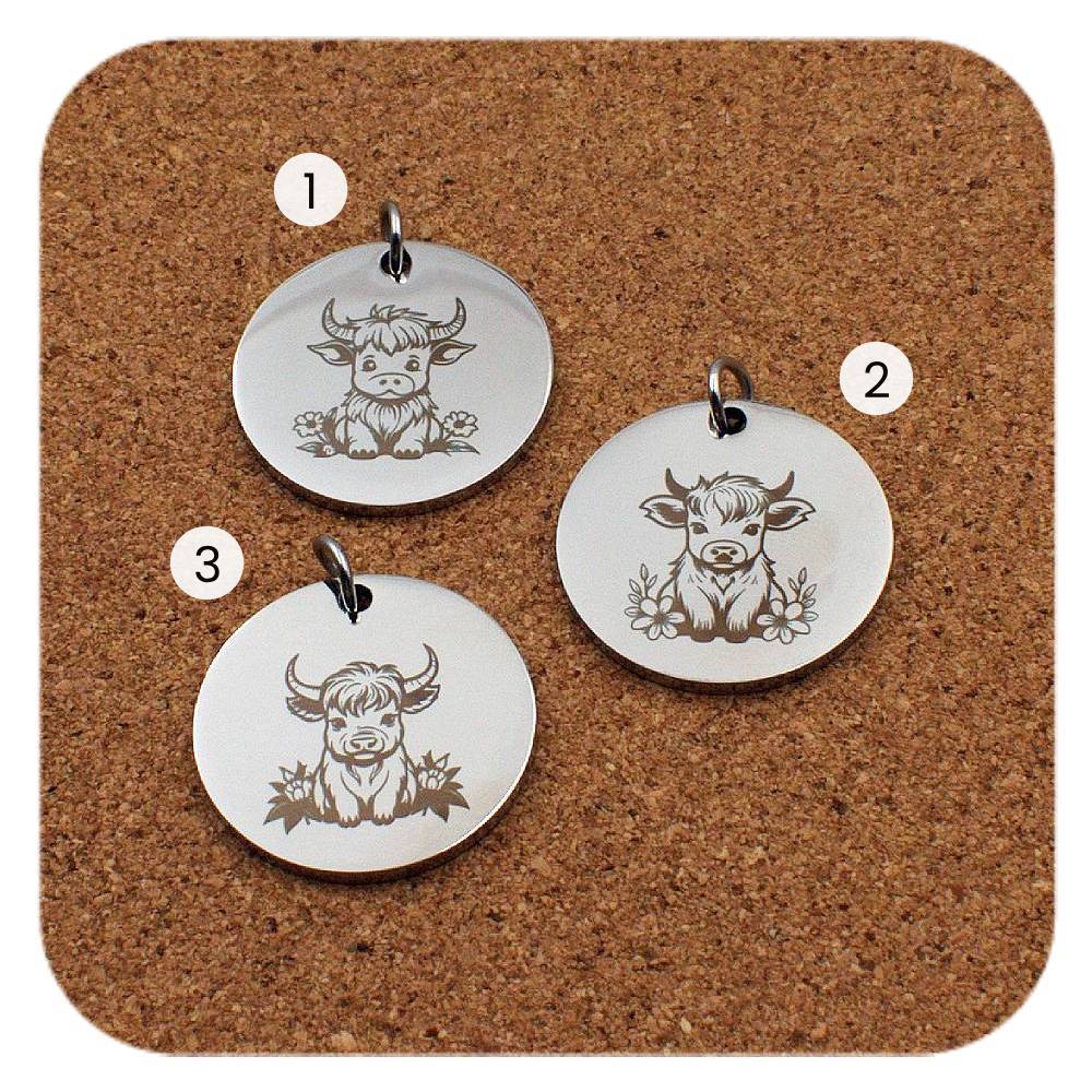 Engraved Highland Cow stainless steel pendant design options with floral designs