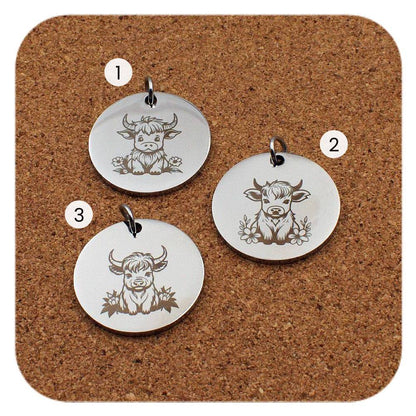 Engraved Highland Cow stainless steel pendant design options with floral designs