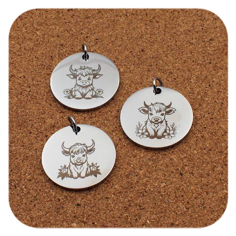 Engraved Highland Cow stainless steel pendant with floral designs