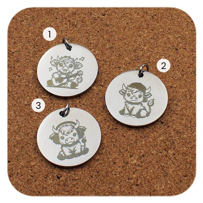 Engraved Highland Cow stainless steel pendant design options in three designs: headphones, cap and guitar