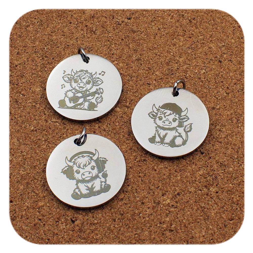 Engraved Highland Cow stainless steel pendant in three designs: headphones, cap and guitar