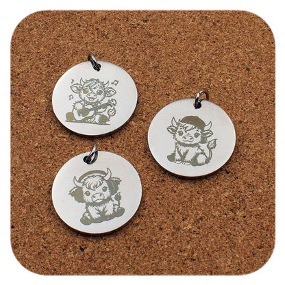 Engraved Highland Cow stainless steel pendant in three designs: headphones, cap and guitar