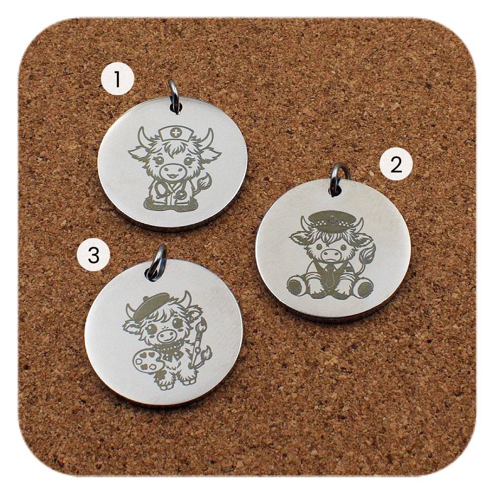 Engraved Highland Cow stainless steel pendant design options in three designs: nurse, police officer and artist