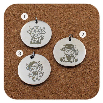 Engraved Highland Cow stainless steel pendant design options in three designs: nurse, police officer and artist