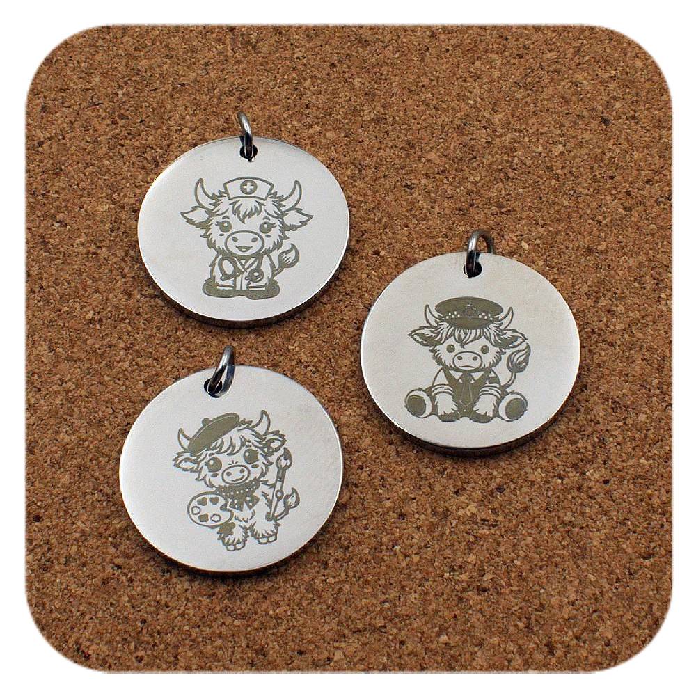Engraved Highland Cow stainless steel pendant in three designs: nurse, police officer and artist