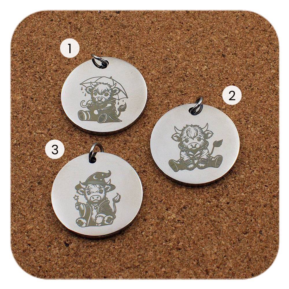 Engraved Highland Cow stainless steel pendant design options in three designs: umbrella, raincoat and wizard