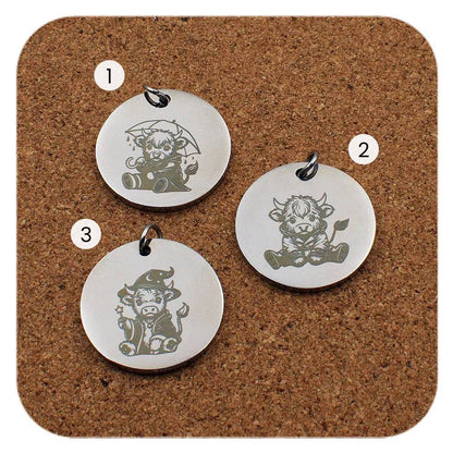 Engraved Highland Cow stainless steel pendant design options in three designs: umbrella, raincoat and wizard