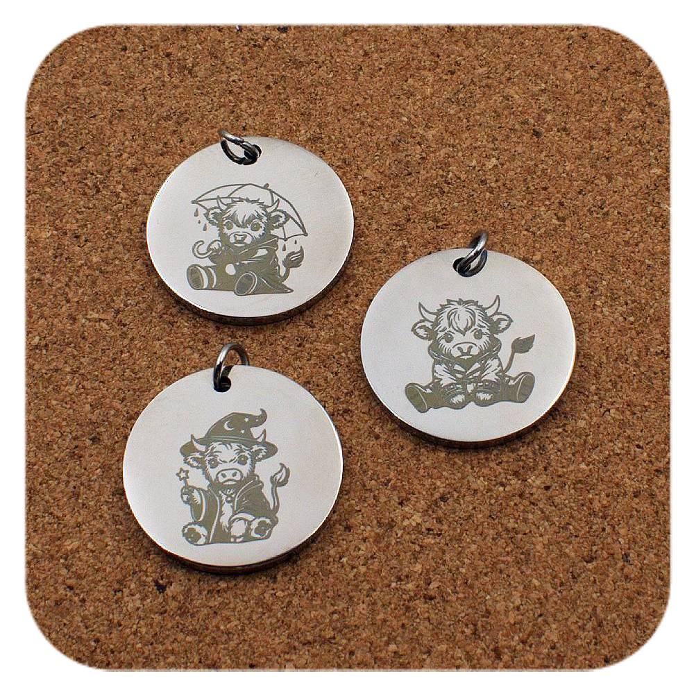 Engraved Highland Cow stainless steel pendant in three designs: umbrella, raincoat and wizard