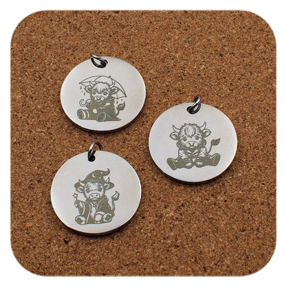 Engraved Highland Cow stainless steel pendant in three designs: umbrella, raincoat and wizard