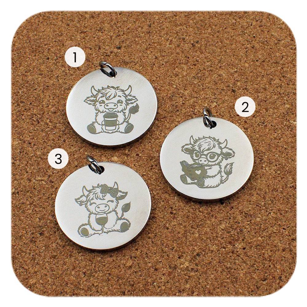 Engraved Highland Cow stainless steel pendant design options in three designs: coffee cup, book and wine glass