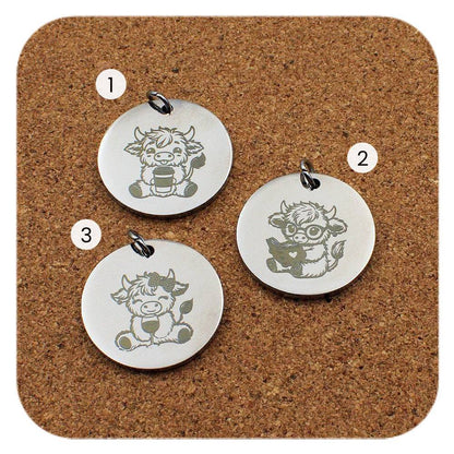 Engraved Highland Cow stainless steel pendant design options in three designs: coffee cup, book and wine glass