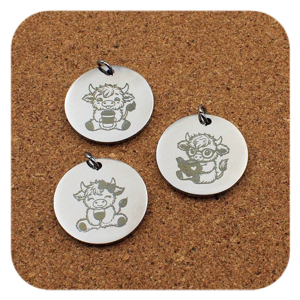 Engraved Highland Cow stainless steel pendant in three designs: coffee cup, book and wine glass