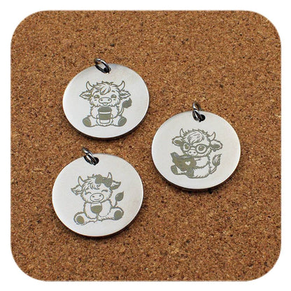 Engraved Highland Cow stainless steel pendant in three designs: coffee cup, book and wine glass