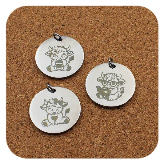 Engraved Highland Cow stainless steel pendant in three designs: coffee cup, book and wine glass
