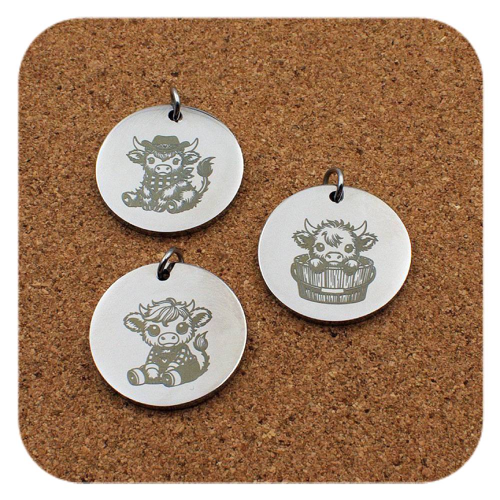 Engraved Highland Cow stainless steel pendant design options in three designs: cowboy hat, barrel tub and dungarees
