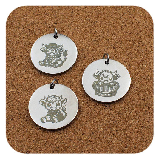 Engraved Highland Cow stainless steel pendant design options in three designs: cowboy hat, barrel tub and dungarees