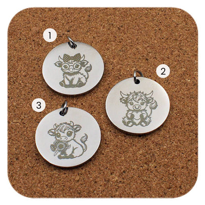 Engraved Highland Cow stainless steel pendant design options in three designs: ribbon bow, heart and sunflower
