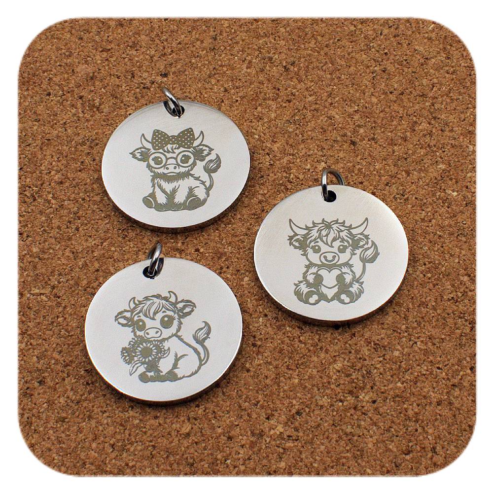 Engraved Highland Cow stainless steel pendant in three designs: ribbon bow, heart and sunflower