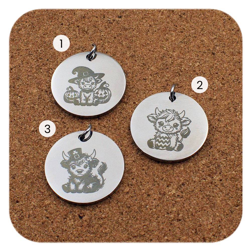 Engraved Highland Cow stainless steel pendant design options in three designs: Halloween, Easter and St Patrick’s