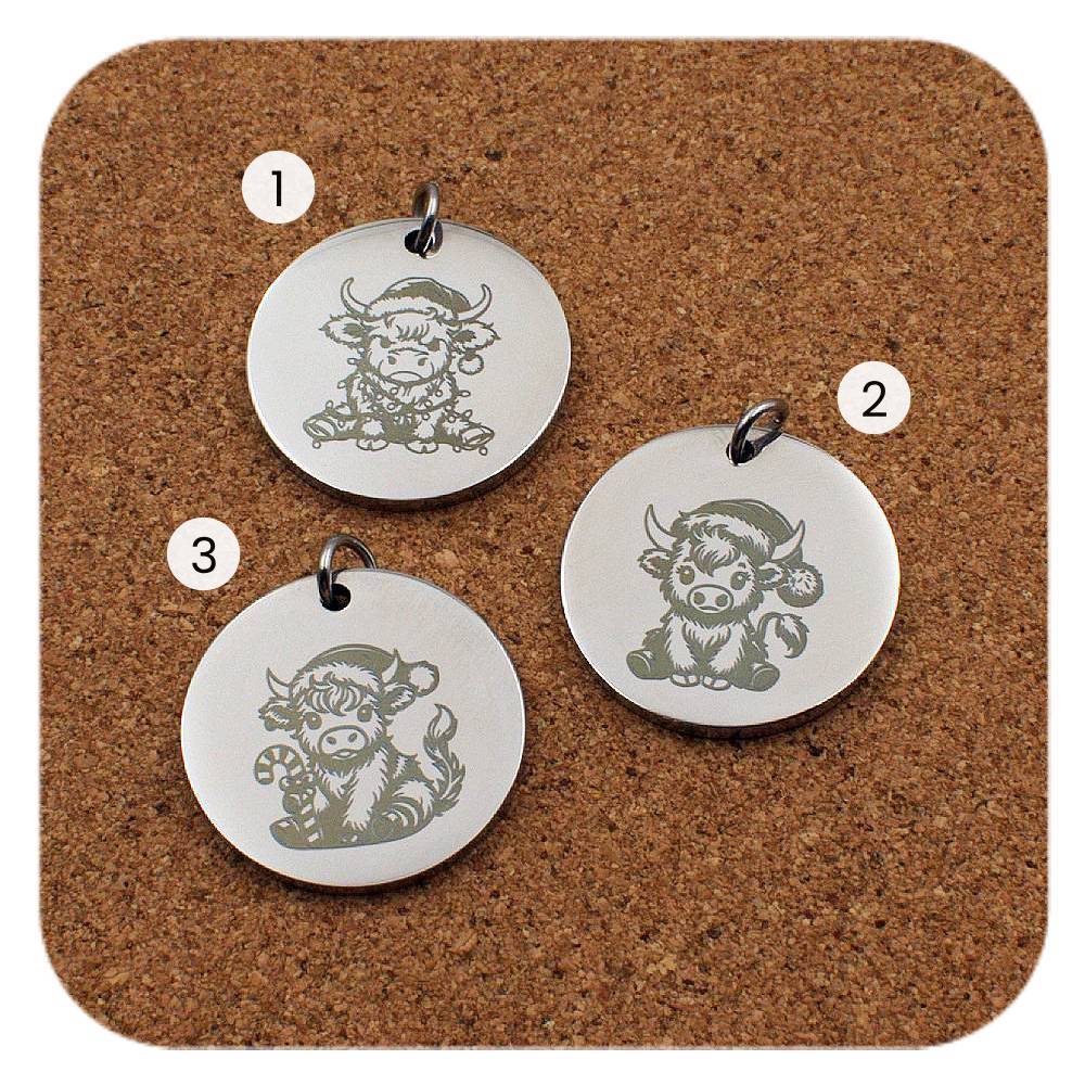 Engraved Highland Cow stainless steel pendant design options in three designs: Christmas lights, Christmas hat and candy cane