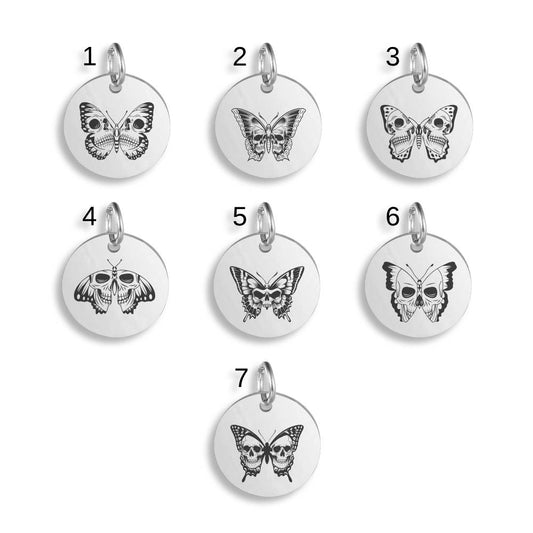 Silver pendants with different Skull And Butterfly Fusion designs on a white background
